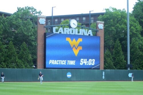 WVU baseball team practices at North Carolina's Boshamer Stadium on Thursday, June 6, 2024, ahead of playing UNC in the NCAA Tournament Super Regionals. (Mitchell Northam, WV Sports Now)