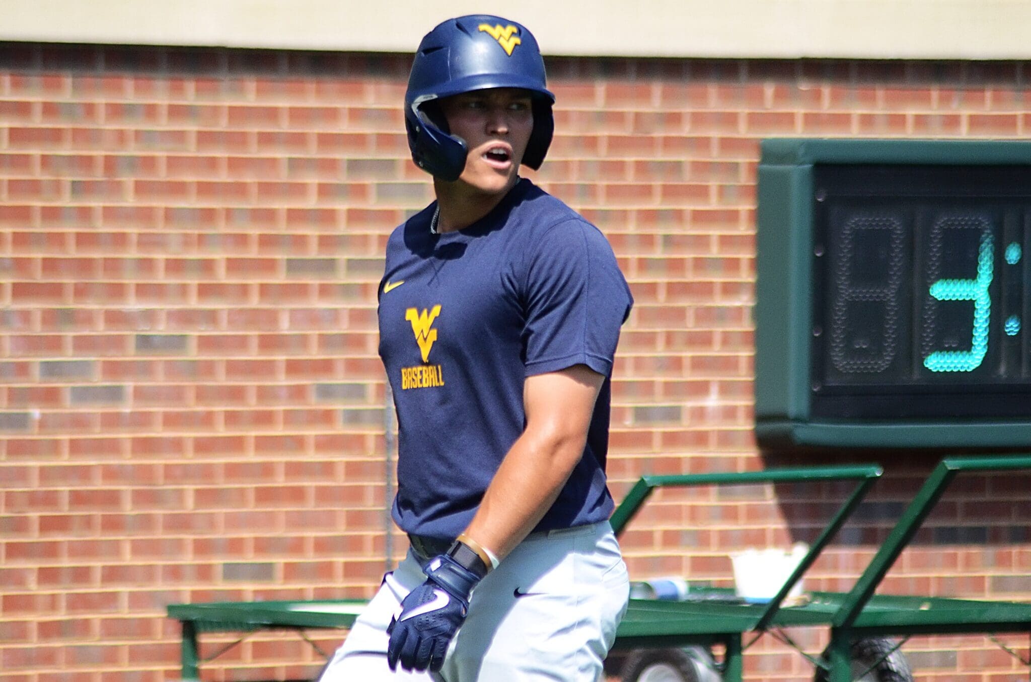 WVU's JJ Wetherholt practicing at North Carolina's Boshamer Stadium on Thursday, June 6, 2024, ahead of playing UNC in the NCAA Tournament Super Regionals. (Mitchell Northam, WV Sports Now)