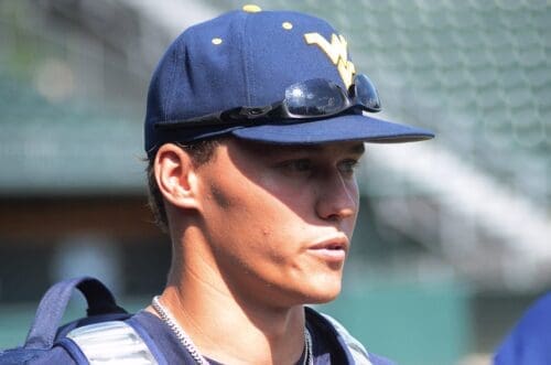 WVU Baseball star JJ Wetherholt practicing at North Carolina's Boshamer Stadium on Thursday, June 6, 2024, ahead of playing UNC in the NCAA Tournament Super Regionals. (Mitchell Northam, WV Sports Now)