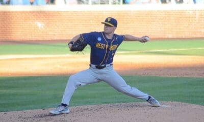 WVU Baseball pitcher Derek Clark pitches against UNC on June 7, 2024 at Boshamer Stadium in Chapel Hill, N.C. in the NCAA Tournament Super Regionals. (Mitchell Northam / WV Sports Now)