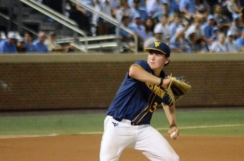 WVU's Tyler Switalski pitches as the Mountaineers played against North Carolina on June 8, 2024, in the Super Regionals of the NCAA Tournament at Boshamer Stadium in Chapel Hill, N.C. (Mitchell Northam / WV Sports Now)