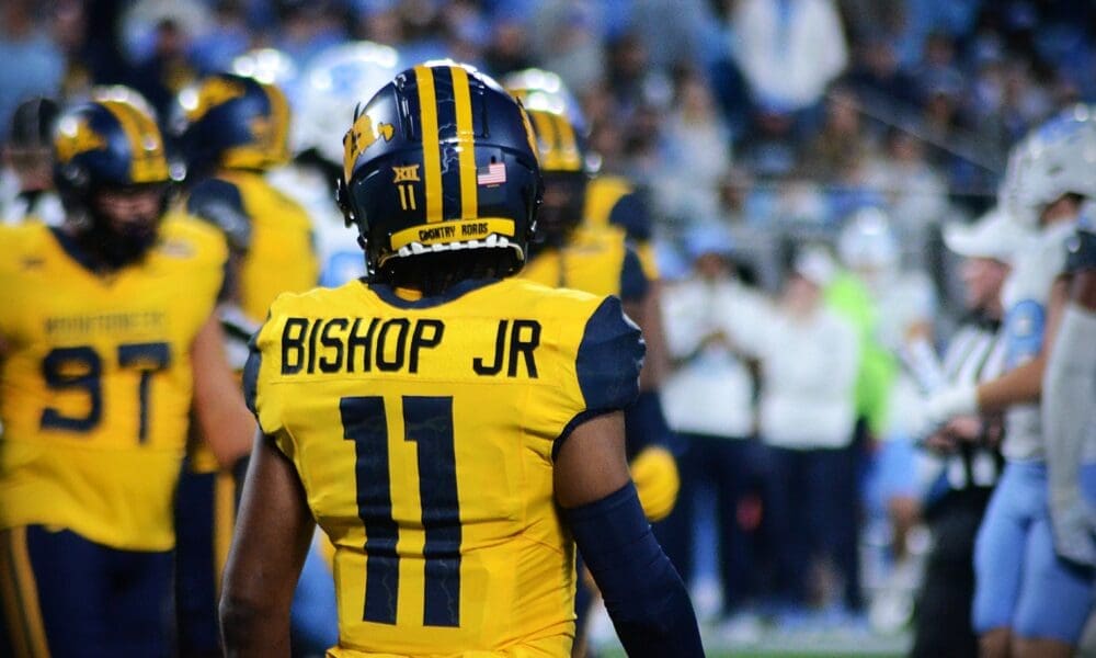 WVU returner Beanie Bishop Jr. after fair catching a punt against UNC in the Duke's Mayo Bowl at Bank of America Stadium in Charlotte, N.C. on Dec. 27, 2023. (Mitchell Northam / WV Sports Now)