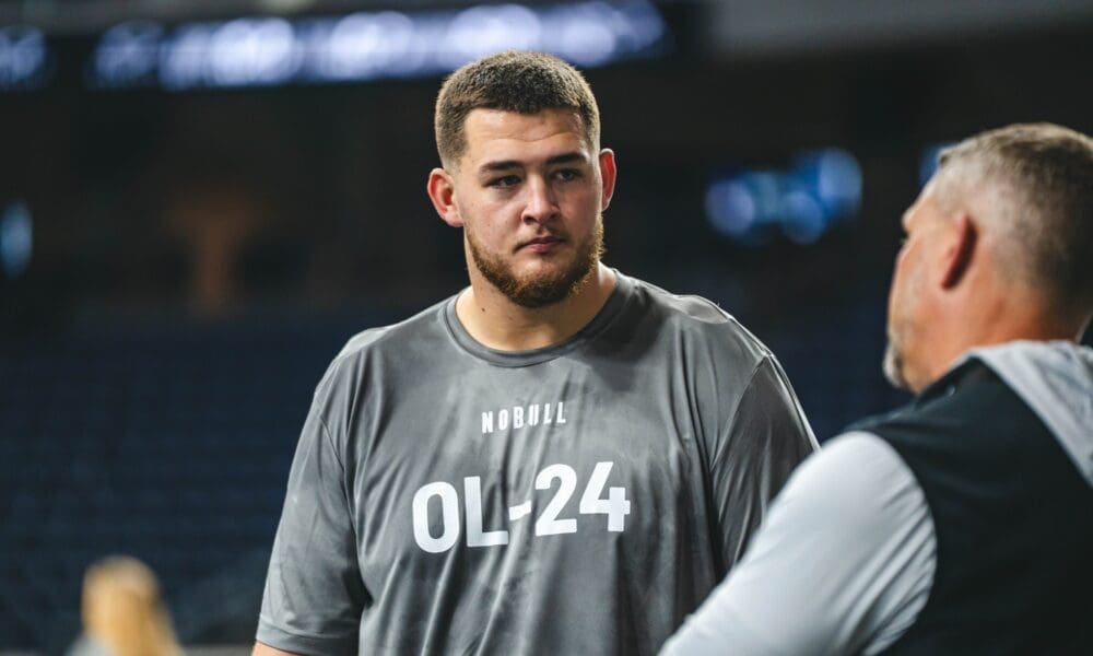 Former WVU OL Wyatt Milum at Big 12 Pro Day